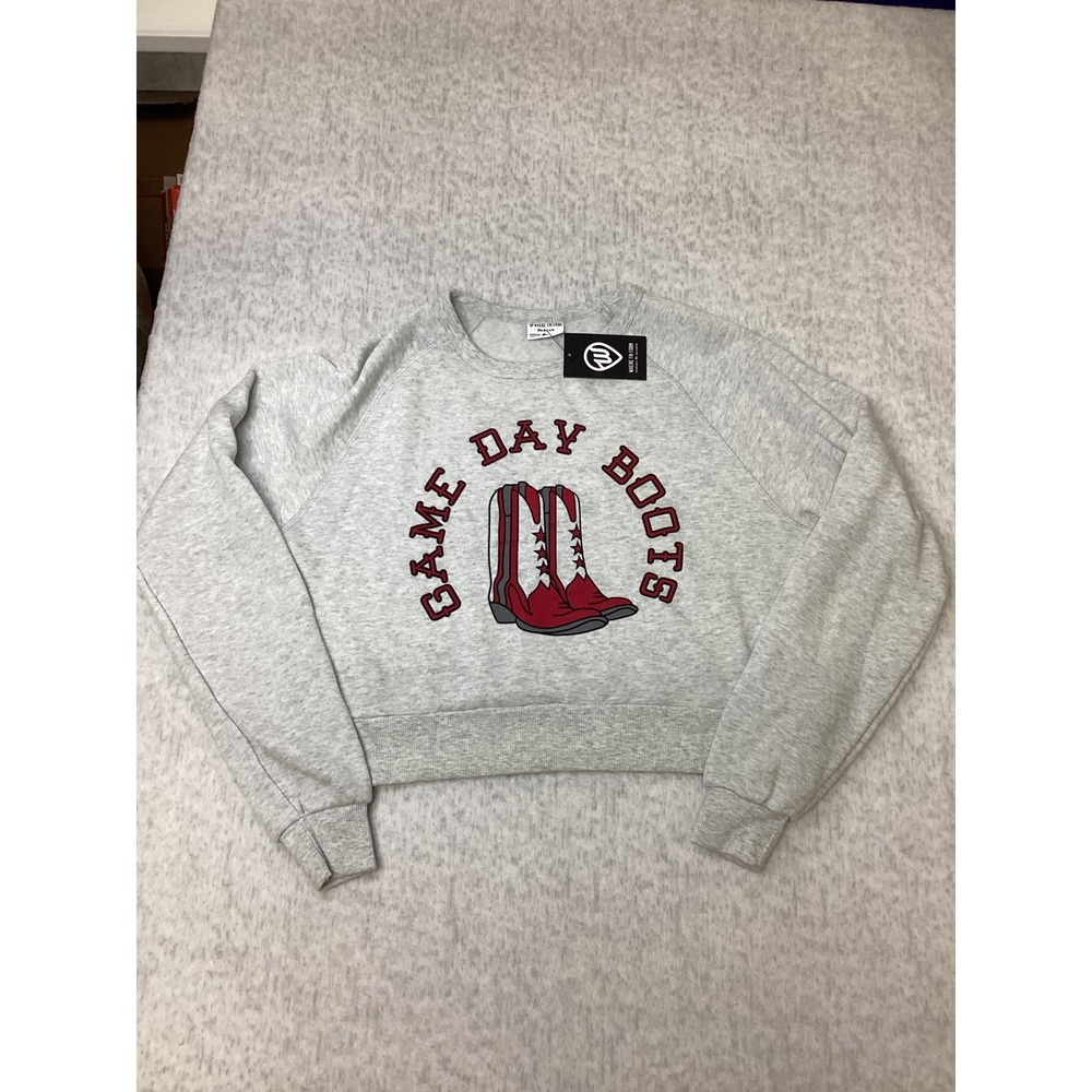 Where I'm From Game Day Boots Cropped Crewneck Sweatshirt Ash Grey Medium NEW